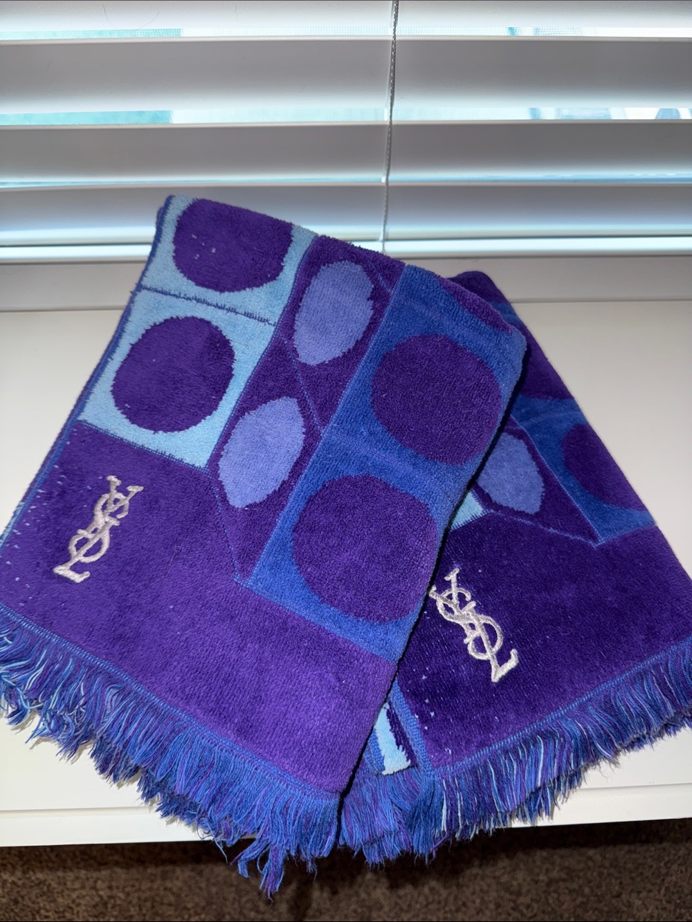 Vintage Yves Saint Laurent Purple and Light Blue Geometric Bath Towels (2)